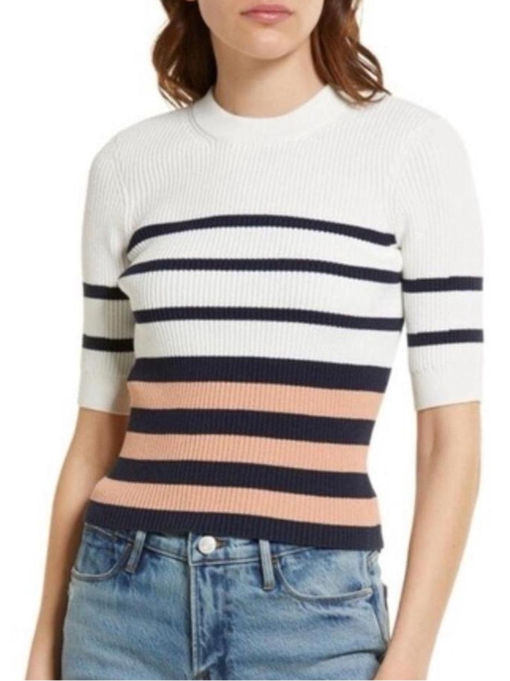 Frame Denim Striped Rib-Knit Short Sleeve Sweater - White, Navy & Peach